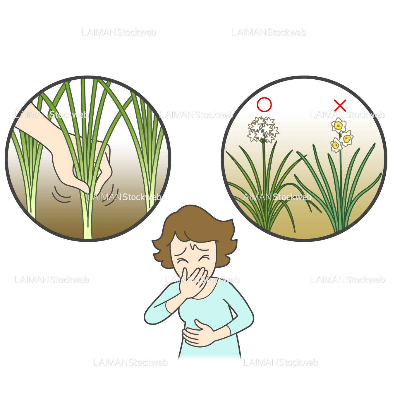 患者イラスト 食中毒(ニラと他の植物を誤食)